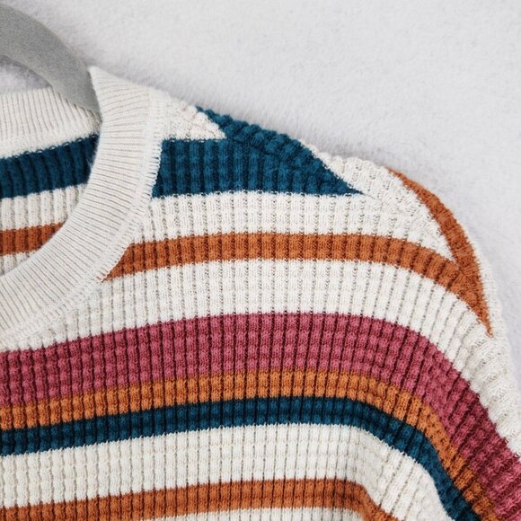 REI Sweater Women Large White Blue Striped Waffle Knit Pullover Cotton Crew Neck - Picture 3 of 12